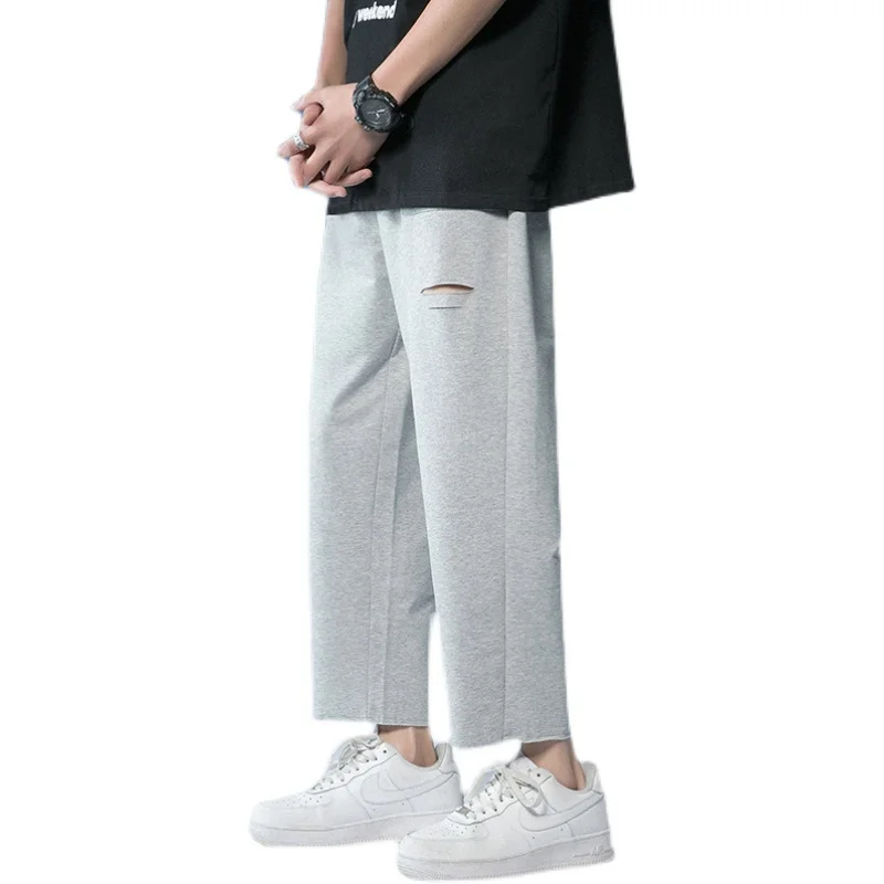 

Summer Thin Sweatpants Men's Fashion Black Gray Casual Pants Men Streetwear Loose Straight Hole Joggers Track Pants Mens M-2XL