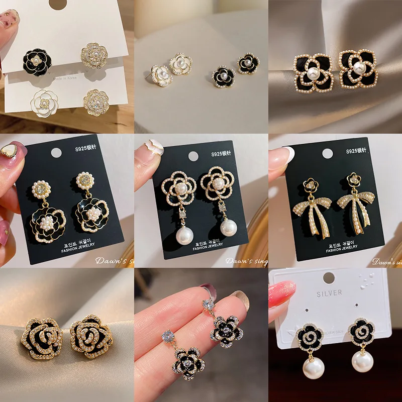 

S925 Silver Needle Flower Dangle Earrings Vintage Elegant Camellia Pearl Drop Earrings High-end Fashion Banquet Jewelry Gift