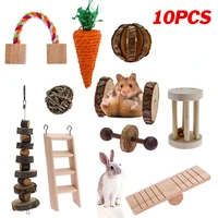 10pcsset pet hamster natural wooden chewing toys chinchilla cage accessories rabbit toys wooden dumbbell exercise bell roller