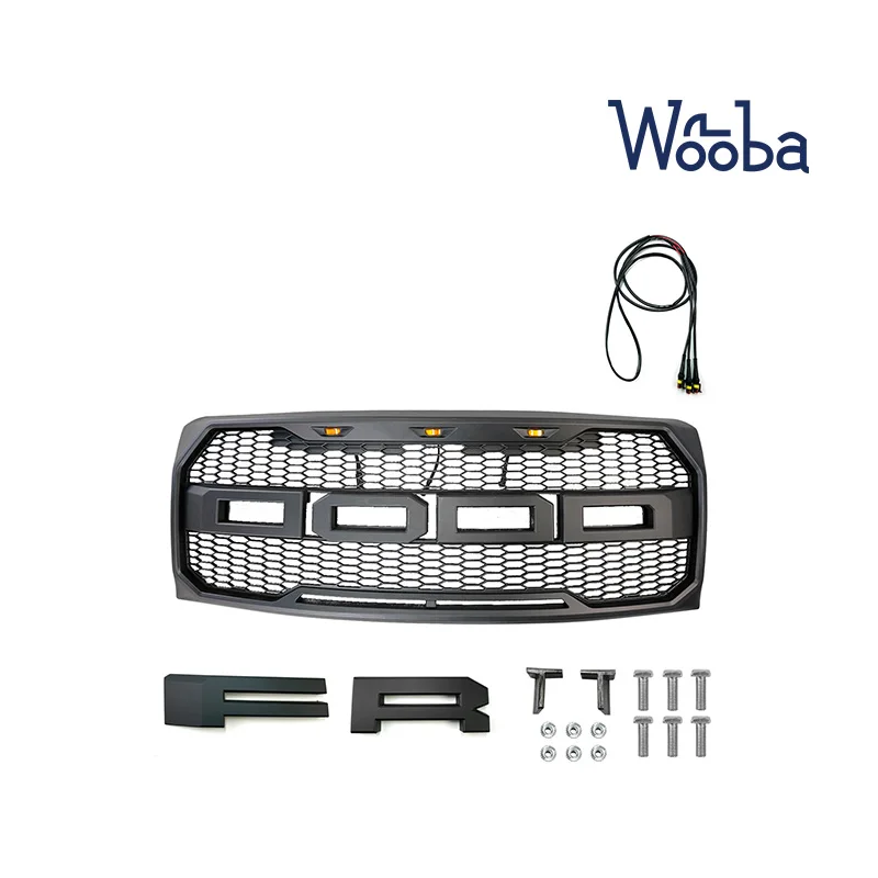 Wooba Fit 09-14 Ford F150 Raptor Style Upper Front Grille Hood Mesh ABS W/LED