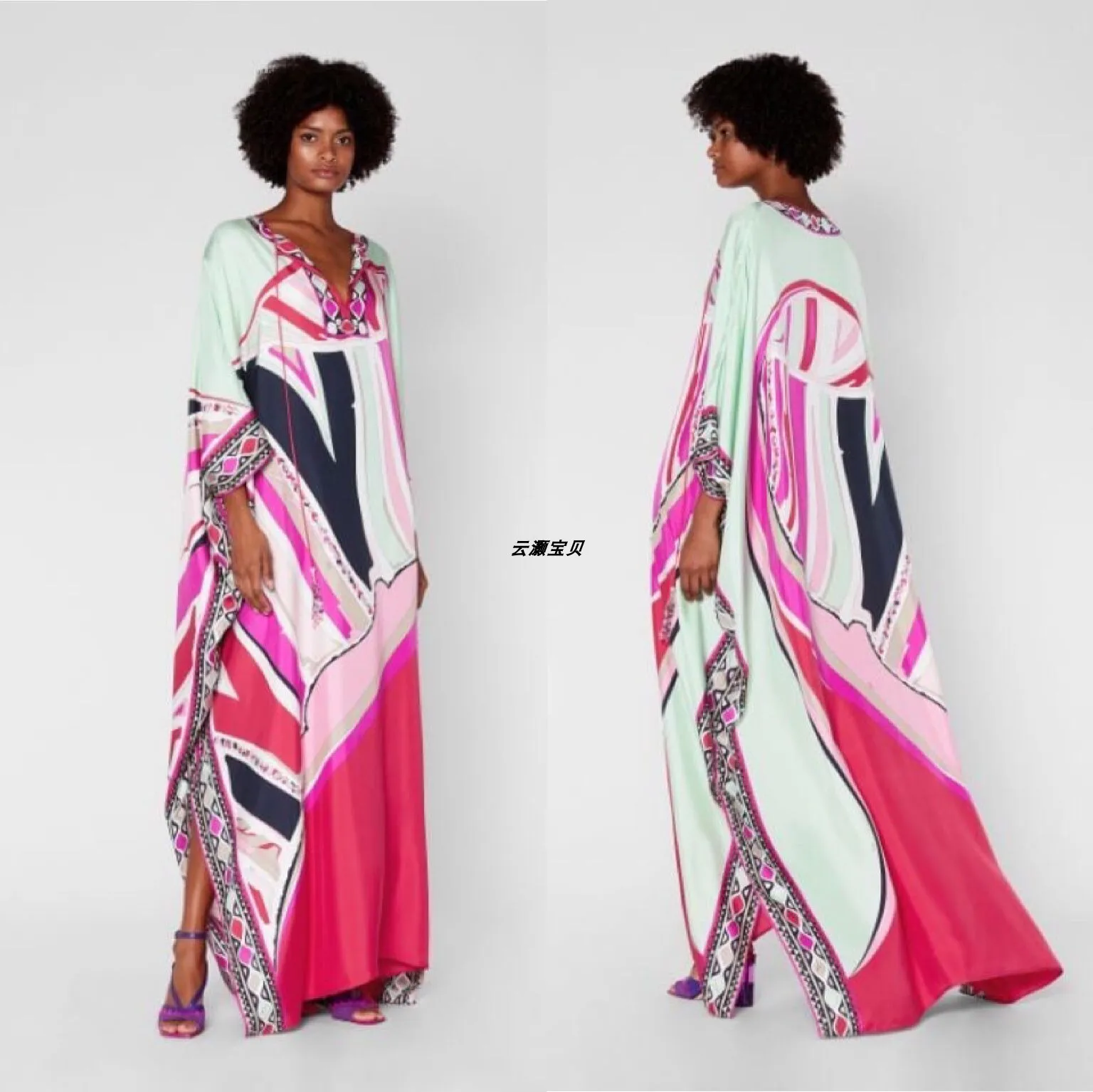 

Women's V-neck new fashion show and fertilizer increase loose high-end printed elastic knit dress plus size