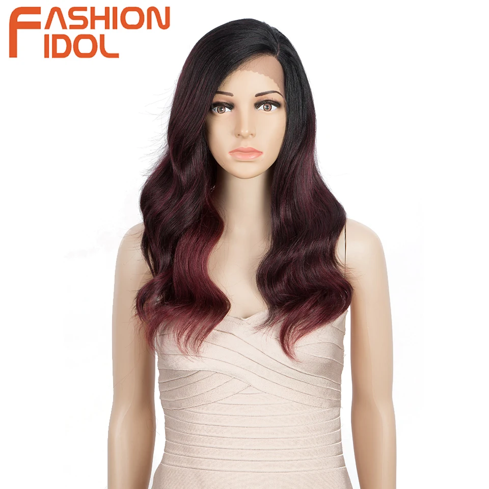 Синтетический черный парик фронта кружева Длинная волна тела 22 дюйма Поддельные