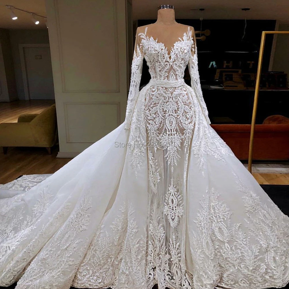 

Ivory Scoop Wedding Dress Applique Beaded Organza Sequins Full Sleeves Ball Gown Floor-Length Court Wedding Dress