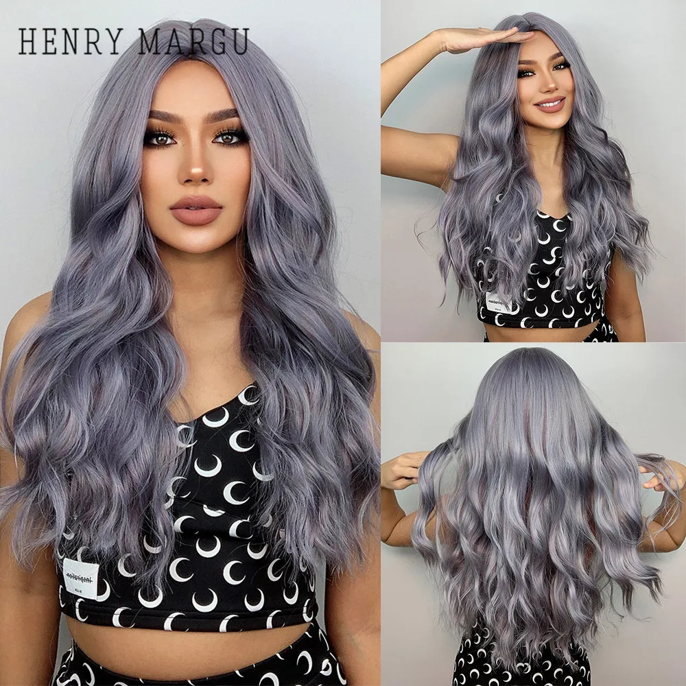 

HENRY MARGU Ombre Gray Purple Long Wave Synthetic Wigs for Women Heat Resistant Colorful Fiber Cosplay Lolita Wigs Middle Part