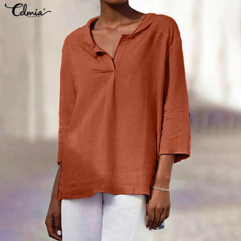 

Celmia Leisure Women Basic Shirt 2022 Vintage Lightweight Summer 3/4 Sleeve Blouses Asymmetrical Hem Lapel Casual Cotton Chemise