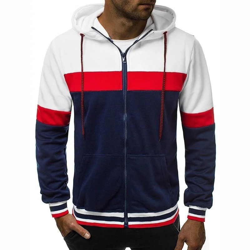 

ZOGAA double color block zipper sweater with hood
