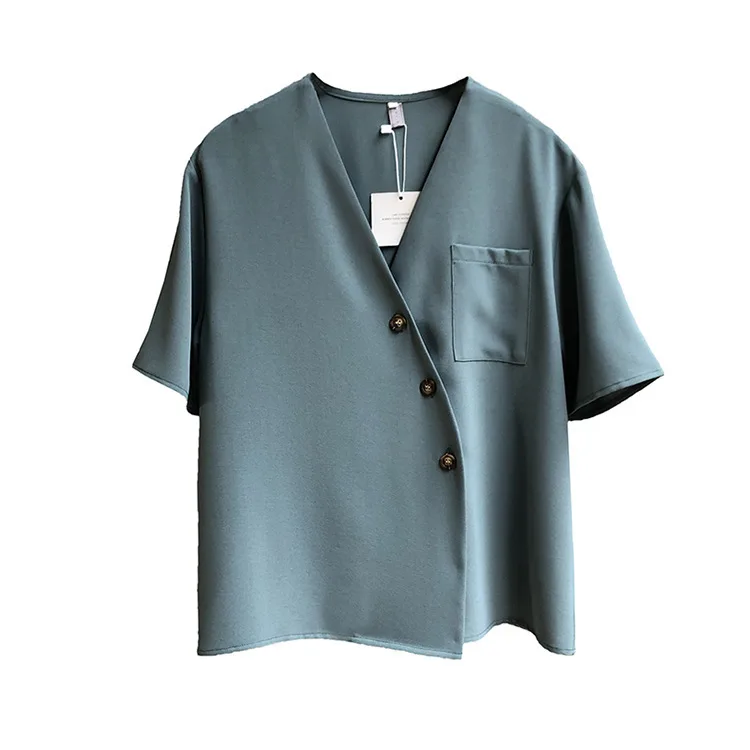 Косой пряжкой v-образным вырезом женские летние рубашки с коротким рукавом синие