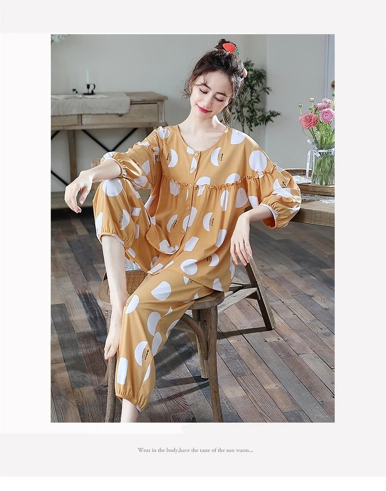 

Cotton Pajamas Set Women Thin Round Neck Cardigan Long Sleeve Sleepwear Sweet Cute Plus Size Loose Homewear Dotted Prints Nighty