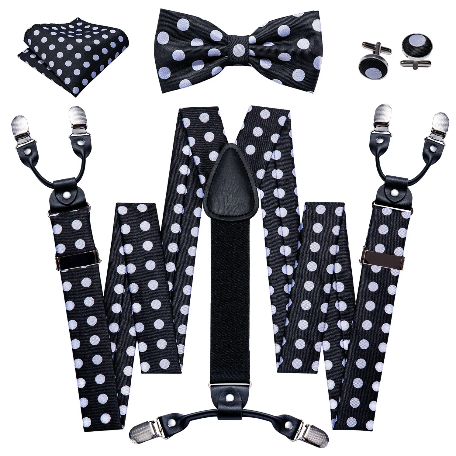 

6 Clips Men Silk Suspender Strap Black White Dots Elastic Pants Braces Strap Vintage Adjustable Suspender with Free Gift Belt