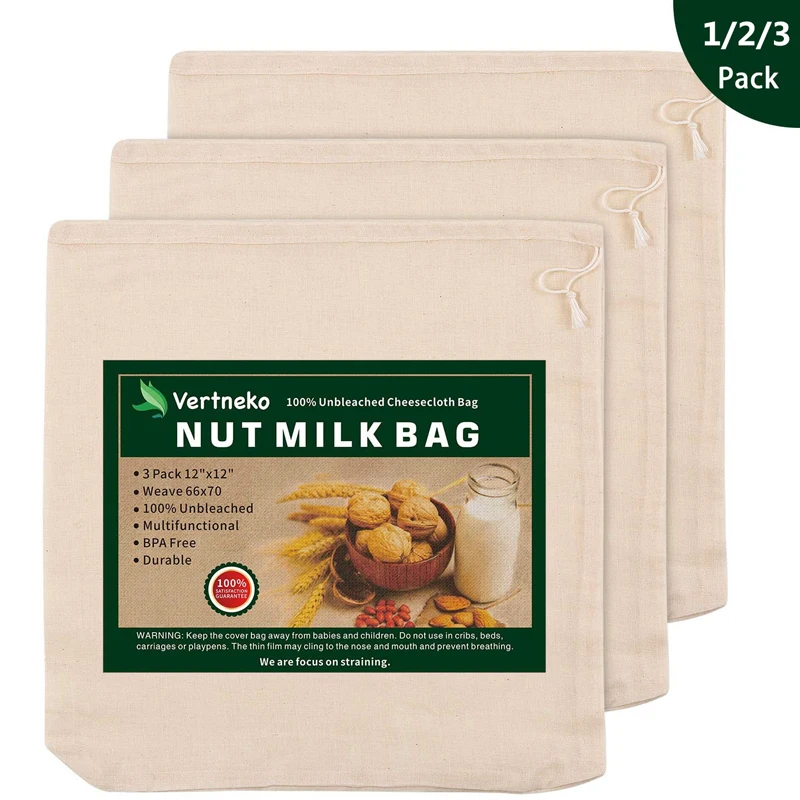 

Upgrade Nut Milk Bag Reusable12" x 12" 100% Unbleached Organic Cotton Cheesecloth Bags Strainer for Straining Almond/Soy Milk