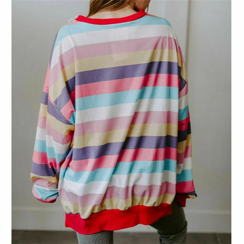 

New Spring Womens Rainbow Stripe Sweatshirt Long Sleeve Pullovers Women Tops Loose O Neck Sweatshirts Female Cotton Streetwear