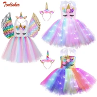Kids Unicorn Costume Girls Birthday Party LED Lights Sequin Rainbow Tutu Dress World Book Day Shiny Princess Cosplay Costume
