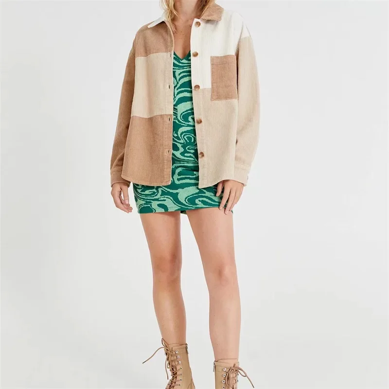 

MESTTRAF Women 2021 Fashion with Pocket Splicing Corduroy Shirt Coats Retro Long Sleeve Loose Outerwear Streetwear