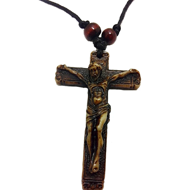 Vintage Resin Jesus Cross Pendant Necklace Beads Leather Rope Men Women Retro Prayer Choker Necklaces Fashion Jewelry s|fashion choker|cross