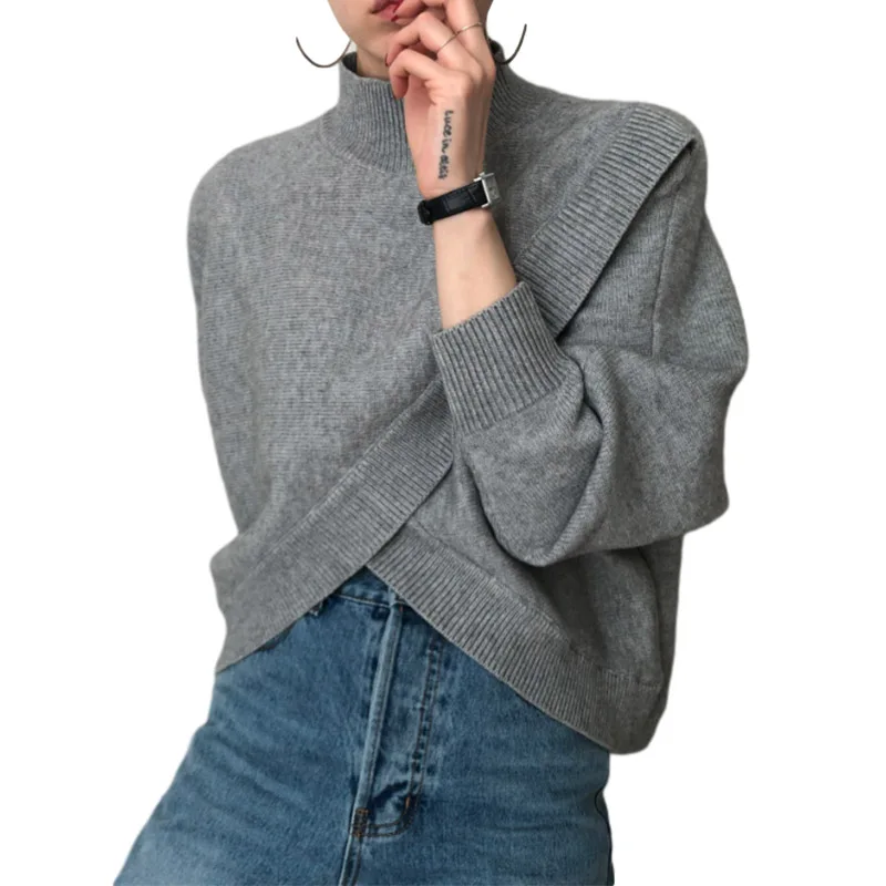 

Korean Chic Niche Design Half High Collar Cross Irregular Loose Solid Color Pullover Long Sleeve Knitted Sweater Women GX1260