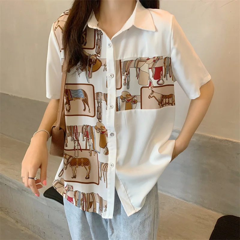 

Women's Blouse Silk Polo Shirt Fashion Casual Print Top Short Sleeve Chiffon Blusas Office Lady Summer Clothing Houthion