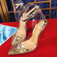 fashion red bottom sandals slingback women sexy pump high heeled lady evening party sandals with rivet transparent wedding shoes