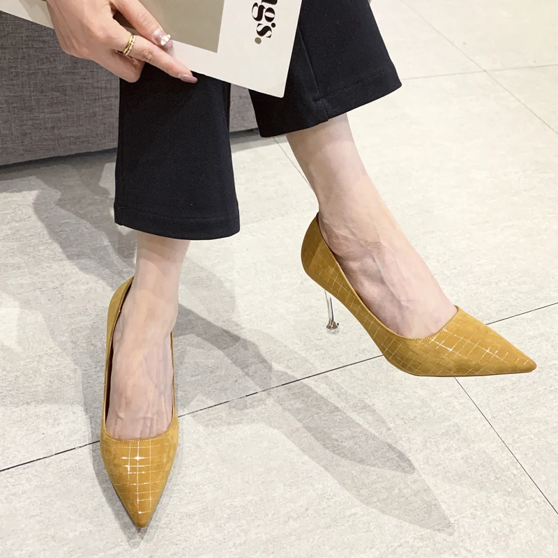 Туфли-лодочки женские на тонком каблуке 8 5 см желтые низком замшевые шпильке |