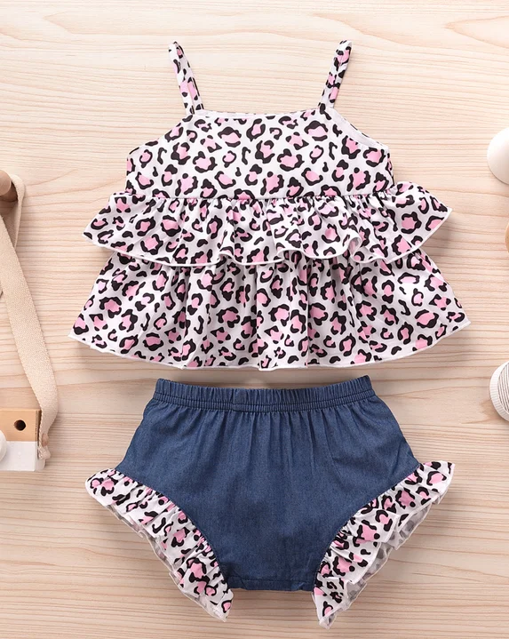 

2Pcs Baby Summer Tracksuits, Leopard Print Spaghetti Straps Vest + Elastic Waist Shorts for Toddler Girls, 6-24 Months
