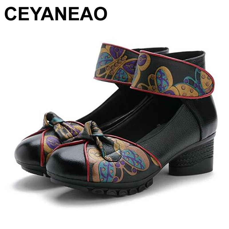 

CEYANEAO New cowhide shoes with an ethnic-style bow for women pumps in 2019. Spring comfortable soft women's shoes