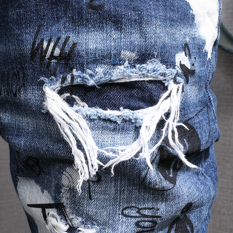 Summer New Men's Letter Printed Ripped Short Jeans Men Fashion Casual Slim Fit High Quality Cotton Stretch Denim Shorts