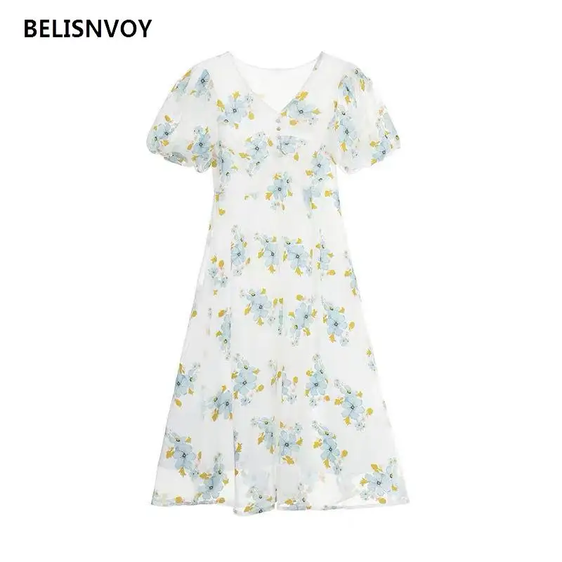 

New Arrival 2021 Summer Floral Printed Dress Women French Style Chiffon Fairy Dress Puff Sleeve Korean Chic Elegant Sweet Dress