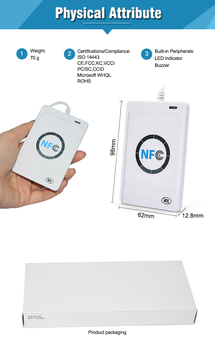 ACR122U NFC 13 56 МГц бесконтактный считыватель смарт карт записывающий USB кабель ISO1443