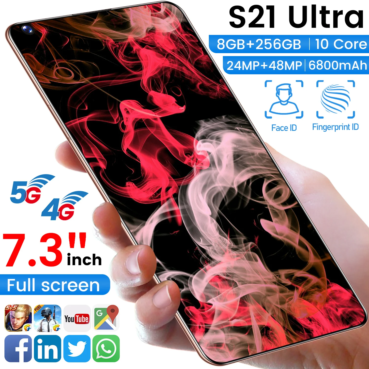 

2021 Hot sale Global Version S21 Ultra 12GB 256GB 7.3" Andriod10 24MP 48MP Fingerprint face recognition 5G 6800mAh Mobile Phone