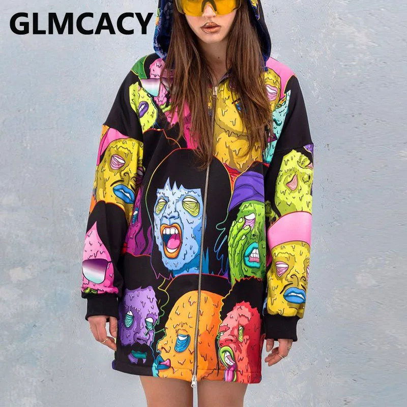 

Women Long Sleeve Zip Up Hooded Jacket Hig Street Scary Ghost Printed Coat