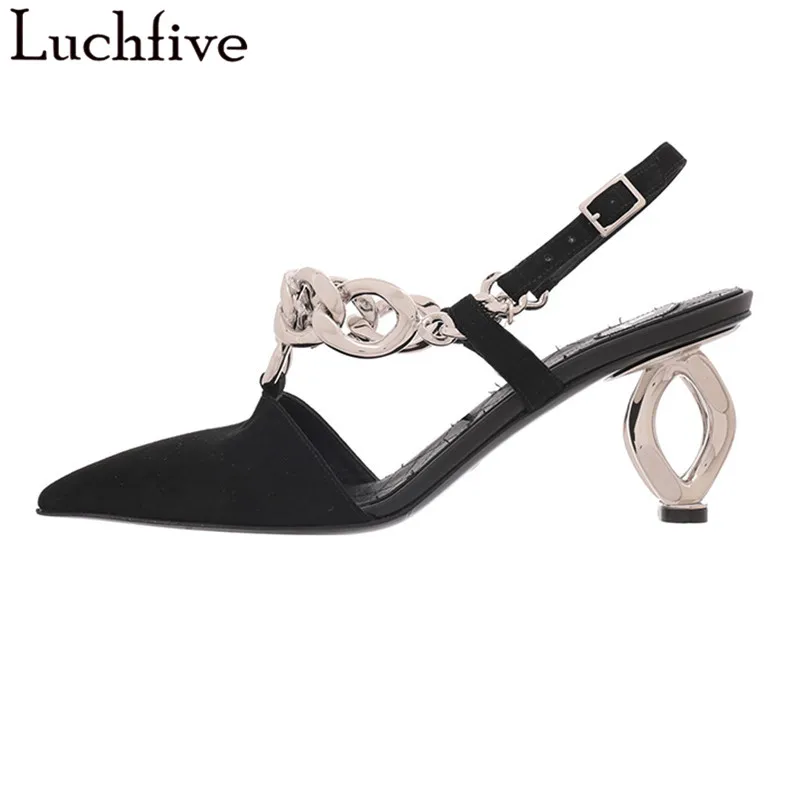 Женские замшевые босоножки на ремешке сандалии с круглым каблуком цепочкой и