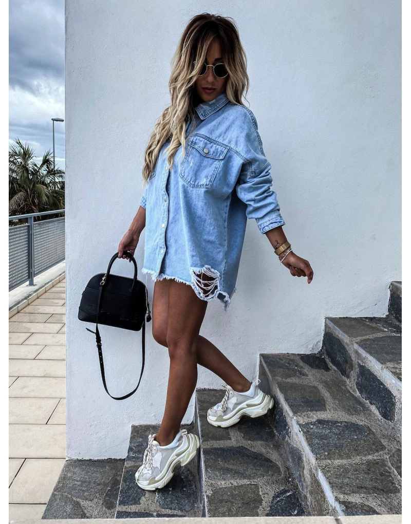 Long Sleeve New Fashion Women Denim Shirt Ripped Top Chest Pocket Rough Hem Casual Party Lapel Neck Loose Soft Shirts Coats | Женская