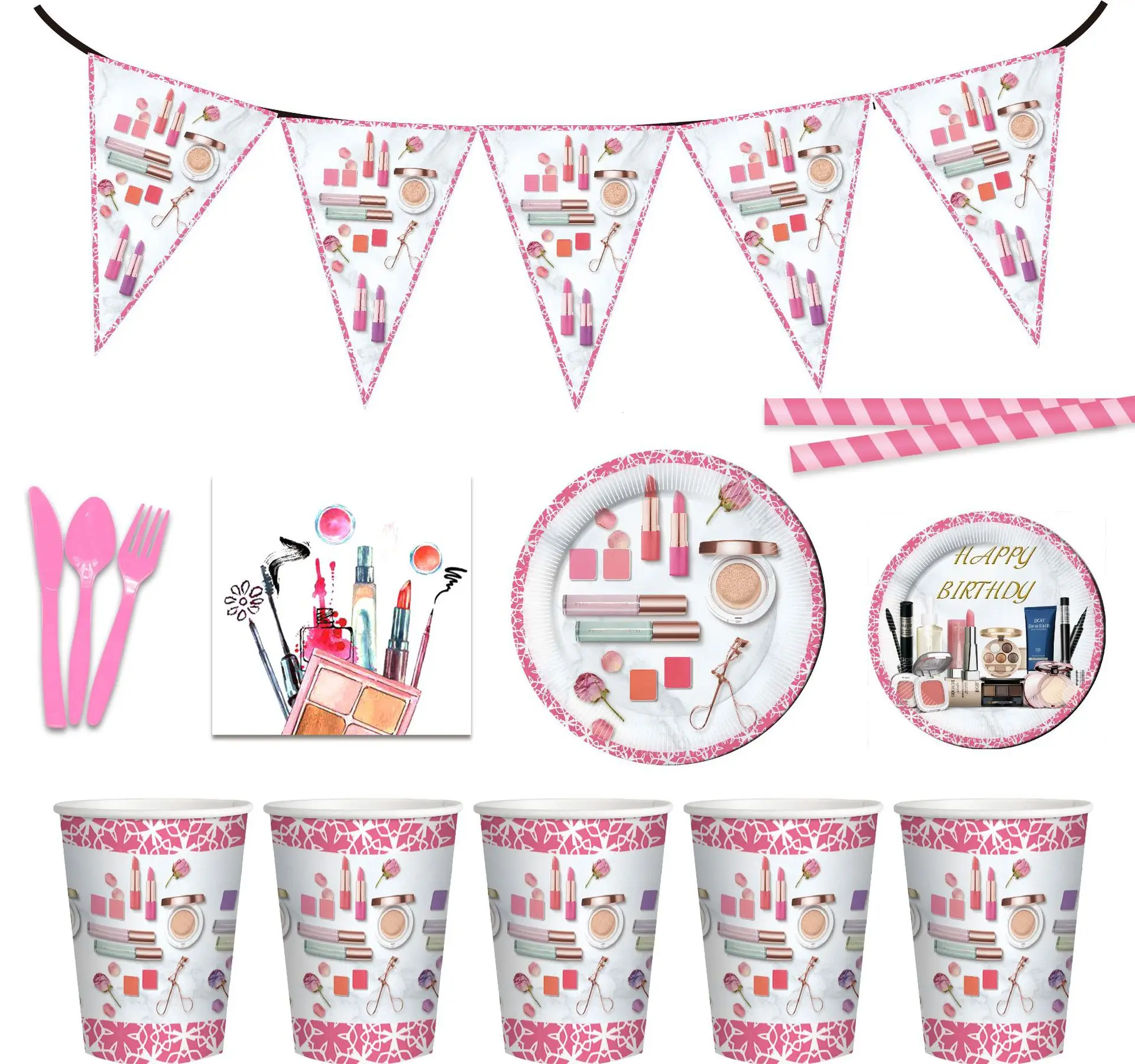 

10 Guest Make Up Party Disposable Tableware Lipstick Napkin Plate Cup Fashion Girl Wedding Birthday Decor Bridal Shower Supply