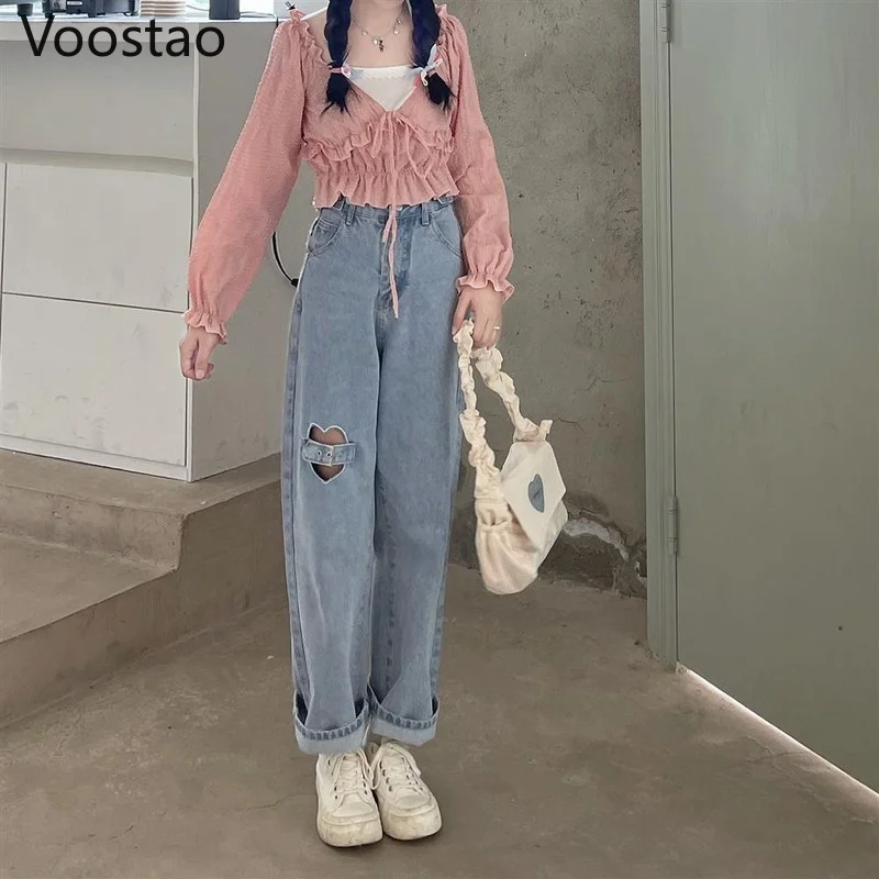 Милые синие джинсовые брюки с высокой талией женские шикарные широкие вырезами