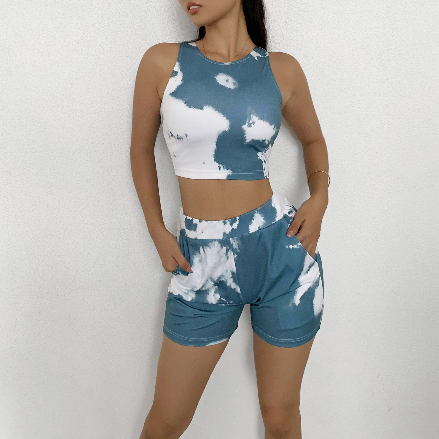 

Women's Fashion Tie-Dye Yoga Sets Multiple Color Two Piece Outfits Sleeveless Casual Vest + Shorts Gym Clothing Streetwear