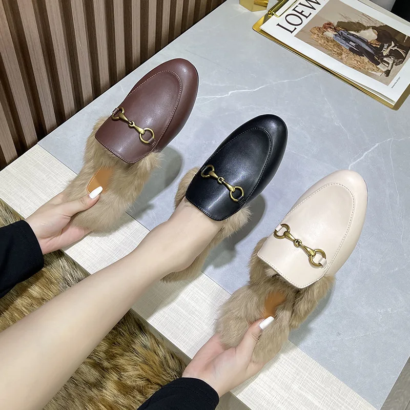 

QICIUS 2021 New Rabbit Fur Slippers Women Wear Autumn And Winter Muller Shoes Baotou Half Slippers Lazy Net Red Flat Shoes