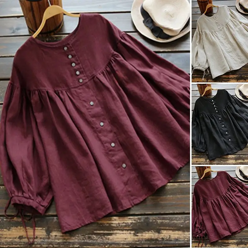 Модная блузка с оборками летняя Женская Туника ZANZEA винтажные повседневные льняные Топы женские 3/4 Блузы с рукавами-фонариками плиссированные рубашки
