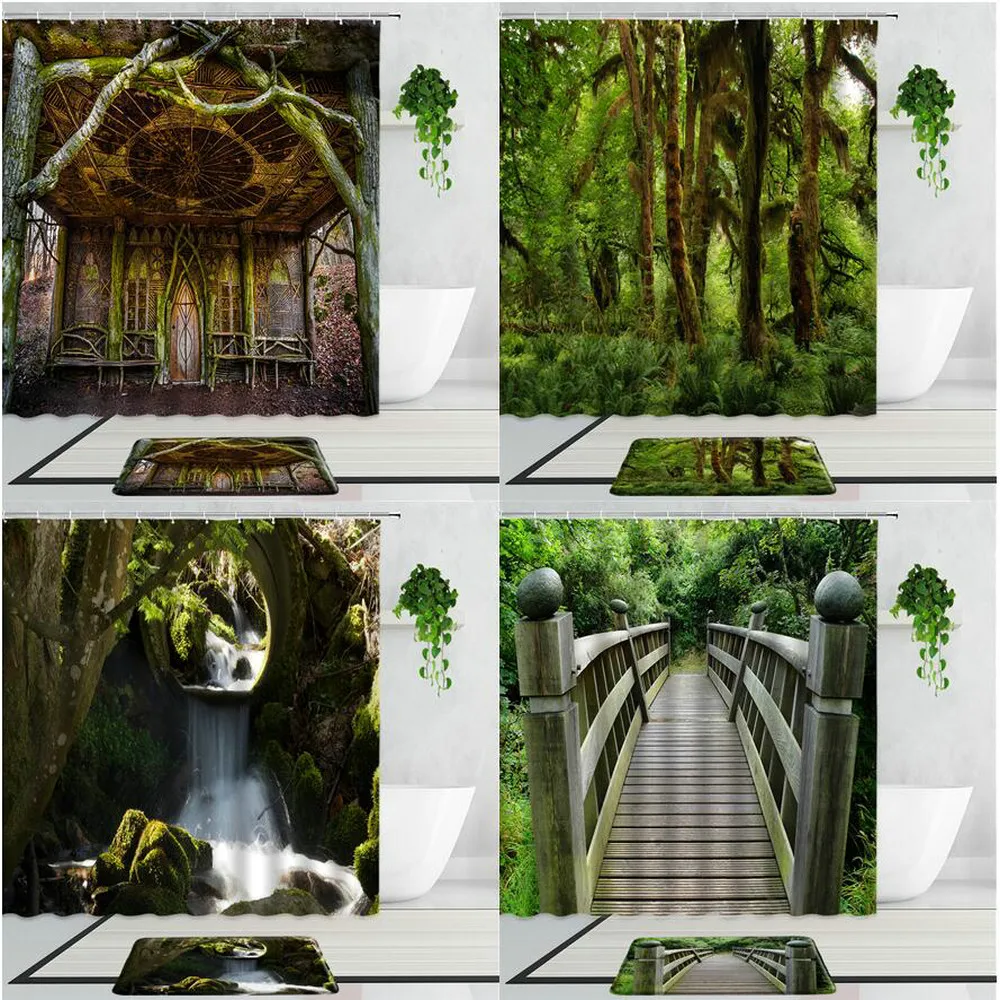 

Tropical Rain Forest Tree Vine Scenery Shower Curtains Waterfall Corridor Green Jungle Landscape Bathroom Non-Slip Carpet Mats