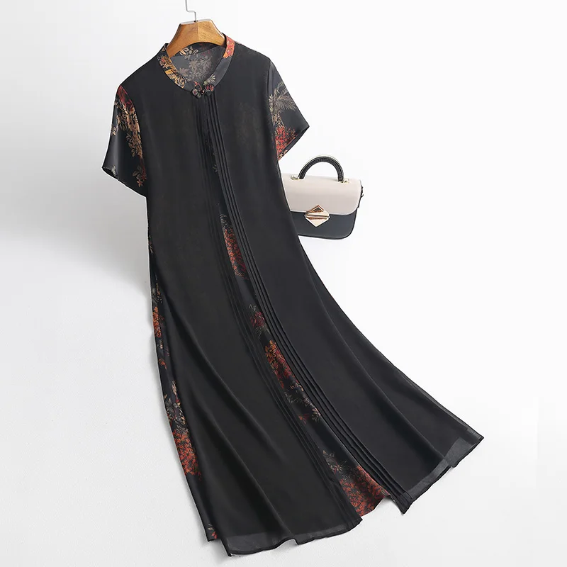 

2021 Women Spring Summer Elegant Silk Dresses Lady Button O Neck High Waist Pleated Dress Female Casual Print A-line Vestido K05