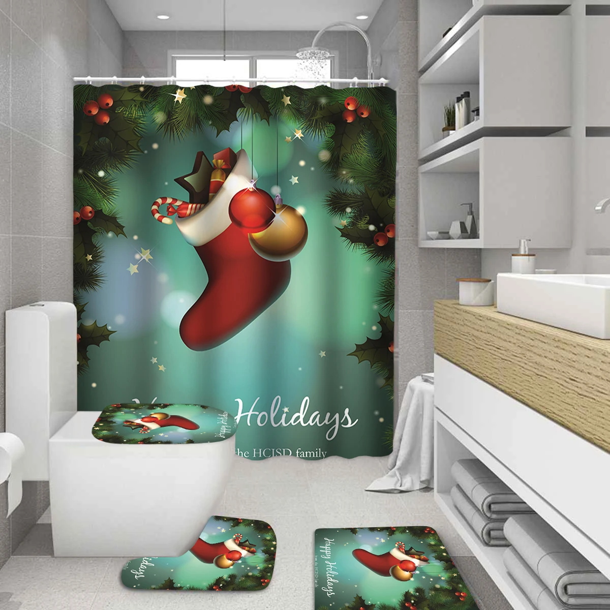 Рождественская занавеска для душа ванной комплект s Противоскользящий коврик с