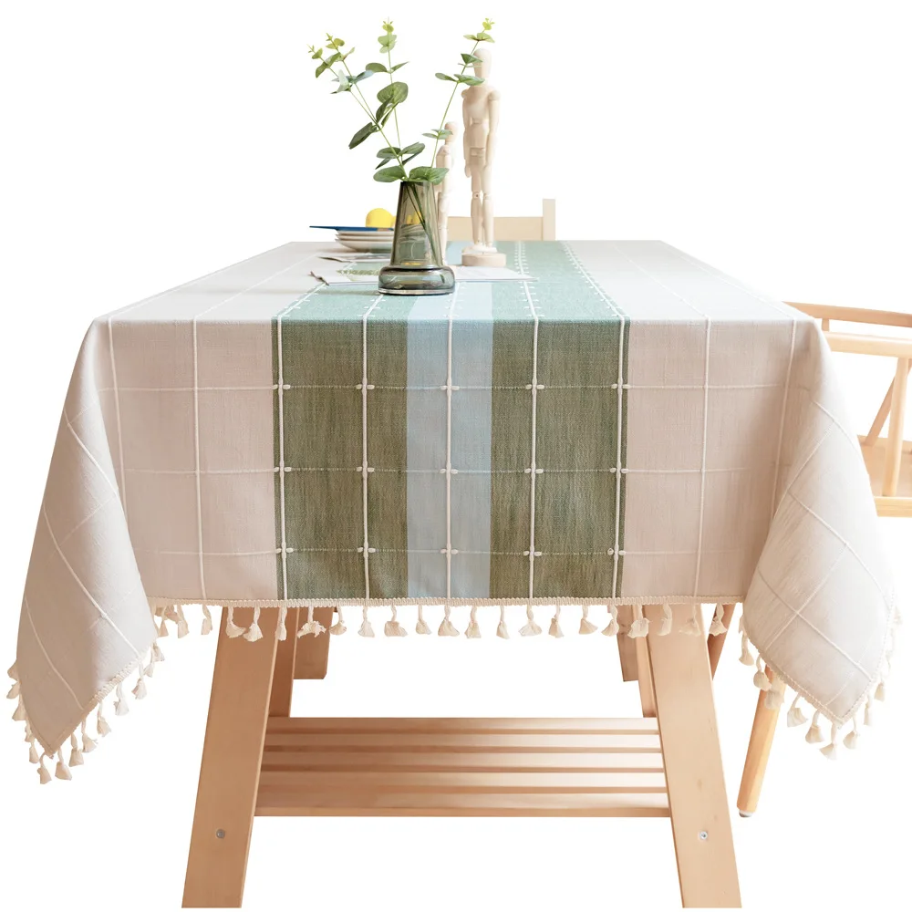 

Aanpasbare Katoen Linnen Tafelkleed Groene Plaid Gestreepte Stiksels Tafelkleed Kant Geborduurde Hanger Kerst Tafel Dekken