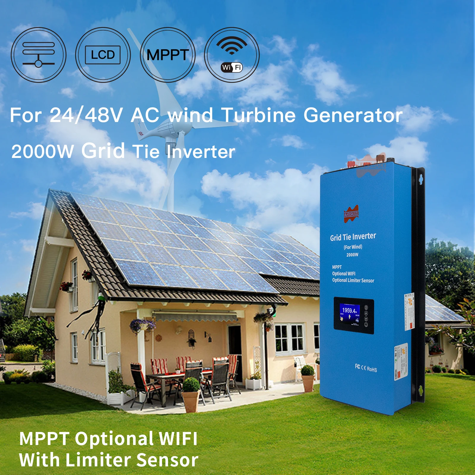 

Mars Rock 2000W 48V 240V MPPT Two Phase Pure Sine WIFI Micro Mini Kit Wind Turbine Generator Limiter On Grid Tie Power Inverters