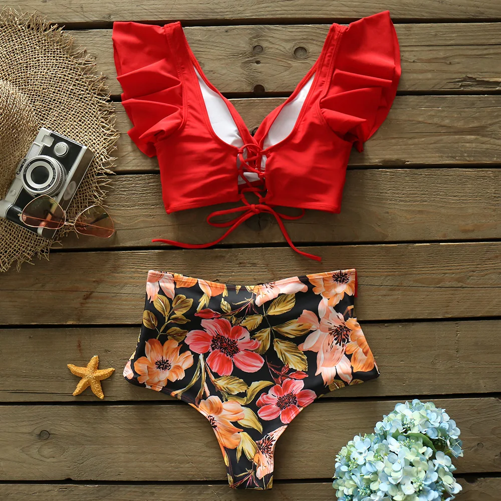 High Waist Ruffled Bikini Set 2021 Sexy Flounce Biquini Swimwear Women Two Pieces Swimsuit Floral Beachwear V-neck Bathing Suit