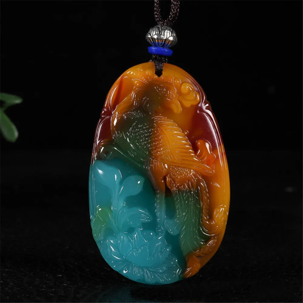 

Прямая поставка Синьцзян натуральный золотой шелк курица кровь Камень Резной Цветущий Ожерелье Феникса красочный павлин камень кулон