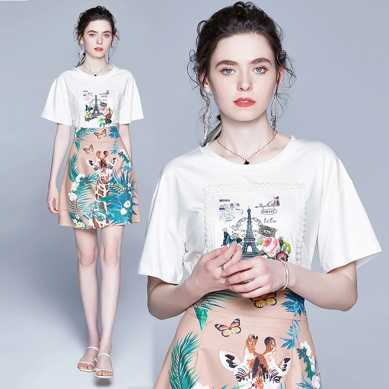 

NEW Fashion Runway 2 Pieces Set Women O-neck Short Sleeve Floral print Loose Tshirts Top + Deer Floral print Mini Skirt
