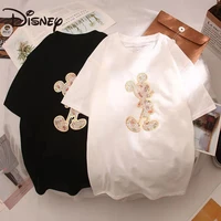 disney springsummer trendy all match round neck bottom shirt with golden mickey mouse print loose cotton short sleeved t shirt