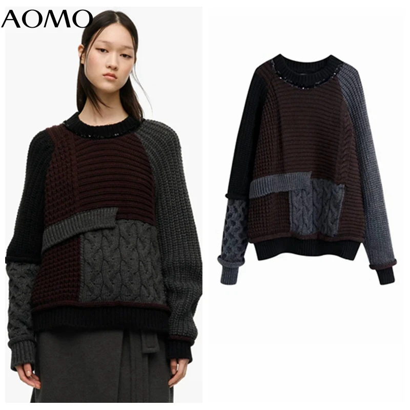 

Женский вязаный свитер AOMO, плотный теплый джемпер с бисером и круглым вырезом, пуловеры оверсайз, шикарные топы, 2021