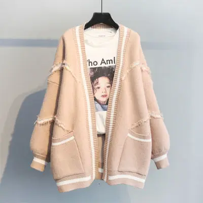 Pink Свободный модный длинный кардиган женский вязаный кардиган утолщенного размера плюс корейский английский свитер "Алфавит" пальто - Цвет: Pink