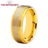 gold 8mm tungsten carbide ring for men women laser engraved wedding bands brushed finish stepped edges comfort fit