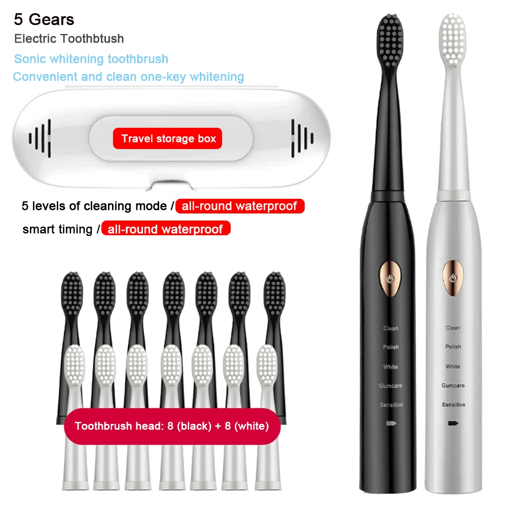

Electric Sonic Toothbrush USB Rechargeable Waterproof 5 ModesAdult 8 Brushes Replacement Heads Washable Whitening Teeth Brush