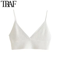 traf women sexy fashion ribbed knit white cropped tank tops vintage backless thin straps female camis mujer